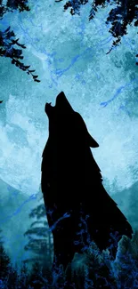 Silhouette of a howling wolf against a full blue moon with trees surrounding.