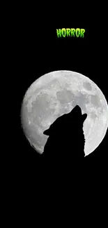 Silhouette of a wolf howling at a full moon on a black background.