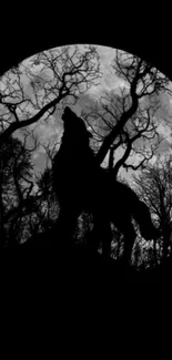 Silhouette of a wolf howling at the moon in a dark forest setting.