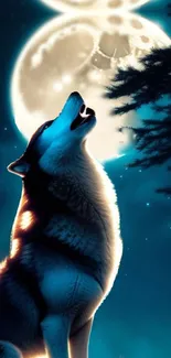 Wolf howling at moonlit night with forest silhouette.