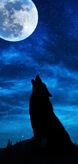 Silhouette of howling wolf under a full moon in a deep blue night sky.