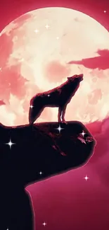 A lone wolf howling at a crimson moon, silhouetted against a nighttime sky.