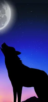 Silhouette of a howling wolf under starry night sky with a glowing moon.