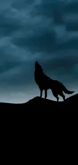 Silhouette of a wolf howling under a dark, cloudy night sky.