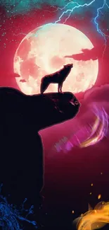 Silhouette of a wolf under a vivid moonlit sky with colorful elements.