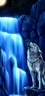 Wolf howling at the moon by a blue waterfall at night.