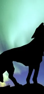 Silhouette of a howling wolf under vibrant Northern Lights.