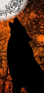 Silhouette of a howling wolf under a floral-patterned moon with an orange background.