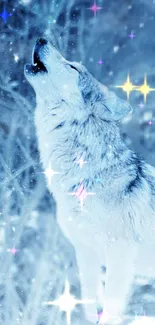 Howling wolf with stars in vibrant blue tones, perfect for nature-themed wallpaper.