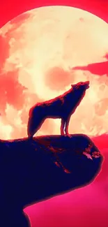 Silhouette of a wolf howling at a red full moon amidst dark clouds.