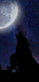 Silhouette of a wolf howling under a full moon and starry night sky.