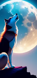 Illustration of a wolf howling at the moon under a starry night sky.