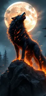 Fiery wolf howling at the full moon in a mystical forest.