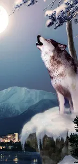 Wolf howling under moonlight with snowy backdrop.