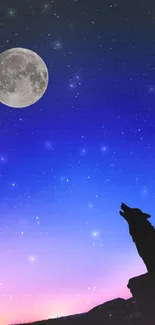 A wolf silhouette under a vibrant moonlit sky.