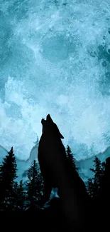 Silhouette of a wolf howling at a large, bright blue moon in the night sky.