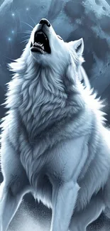 Howling white wolf against a full moon at night.