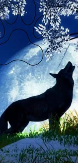 Silhouetted wolf howling under moonlit night in forest.