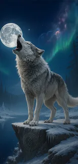 Wolf howling at the moon under an aurora-lit night sky.