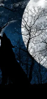 Silhouette of a wolf howling at the moon in a starry night forest.