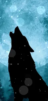 Silhouette of a howling wolf against a teal full moon.