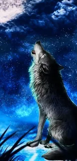 Wolf howling at the moon under a vivid blue starry sky wallpaper.