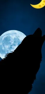 Wolf silhouette against full moon with crescent moon in dark blue night sky.