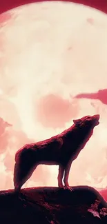 Wolf howling under a full red moon on a cliff.