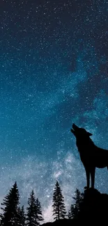 Silhouette of a wolf howling under a starry night sky with forest backdrop.