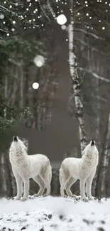 Two wolves howling in a snowy forest.