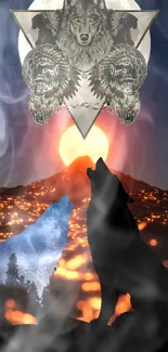 Silhouette of howling wolves under a mystical moonlit sky with artistic elements.