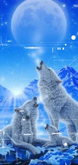 Wolves howling under a blue moon with mountains and starry sky in the background.