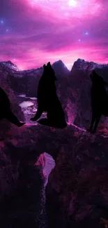 Three wolves howling under a vibrant purple night sky.