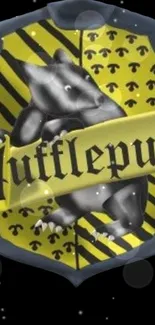 Hufflepuff crest with yellow and black design on a mobile wallpaper.