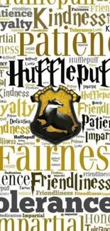 Hufflepuff crest with values in word cloud style.