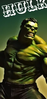 Hulk in action pose against a green background.