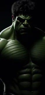 Hulk in vibrant green flexing muscular arms on a dark background.