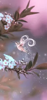 Whimsical hummingbird with blossoms on a pink dreamy background.