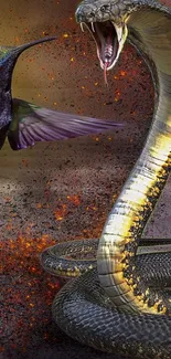 Dramatic clash between a hummingbird and a cobra in nature-inspired wallpaper.