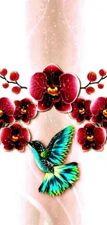 Vibrant wallpaper of a hummingbird with orchids.