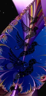 Vibrant fractal art wallpaper with hummingbirds on a purple leaf.