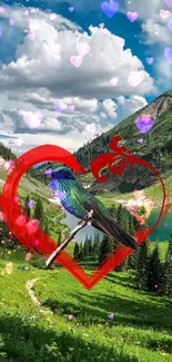 Colorful hummingbird on heart in mountain landscape wallpaper.