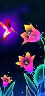 Vibrant neon wallpaper with a hummingbird and glowing flowers on a dark background.