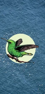 Colorful hummingbird illustration over the sparkling ocean backdrop.