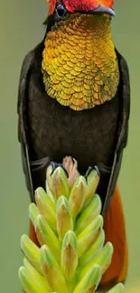 Vibrant hummingbird perched on a branch with a soft green backdrop.