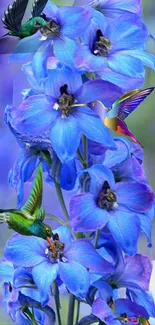 Hummingbirds feeding on vibrant blue flowers in a lively wallpaper scene.