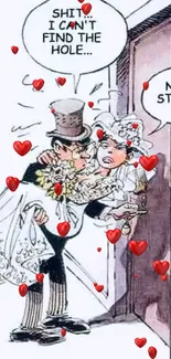 Humorous cartoon of a bride and groom in a wedding setting.