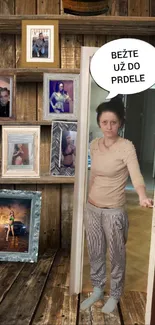 Woman stands at door with framed photos on wooden wall background.