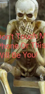 Three skeletons with a humorous warning message.