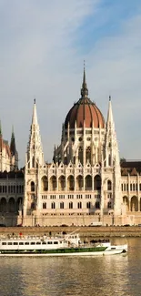 Hungarian Parliament with river view at sunset.